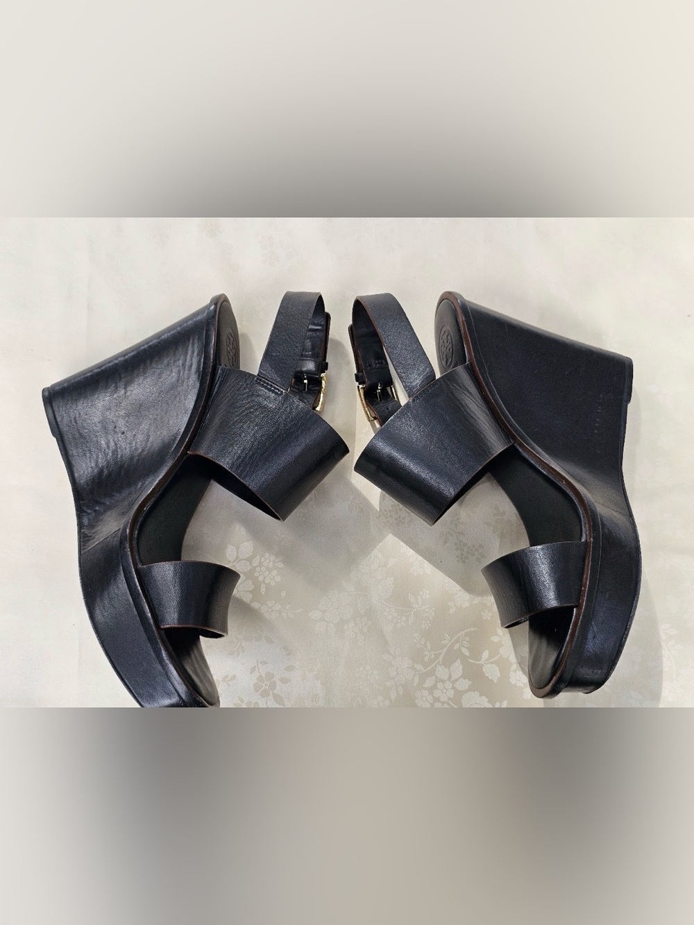 π€ Tory Burch Black Leather Platform Wedge Sandals Size 8.5 - Picture 5 of 14